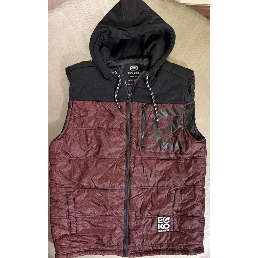 Ecko Unltd Puffer Vest Hooded L Maroon Black Rhino Spellout Y2K Streetwear Mens